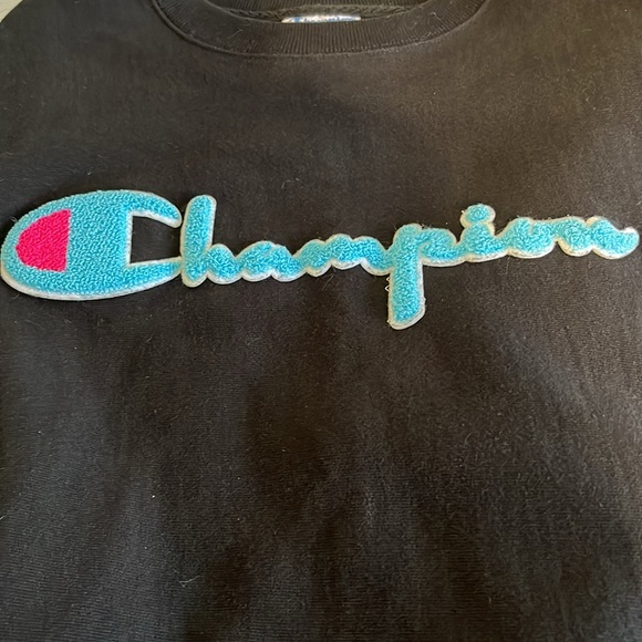 Champion Reverse Weave Black Teal Chenille Script Logo Crewneck Sweatshirt L - Picture 6 of 8